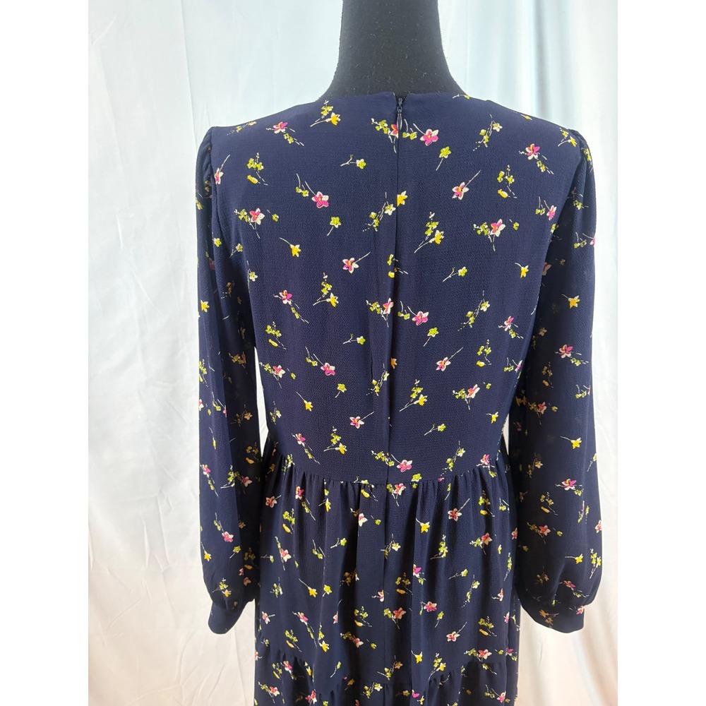 Navy Blue‎ Floral Tiered Mini Dress Long Sleeve V Neck - Picture 6 of 11